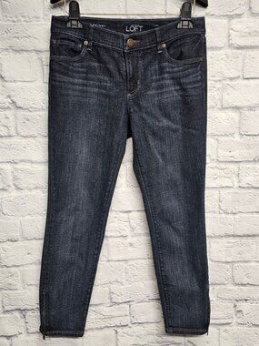 LOFT 27 4P 4 PETITE DARK WASH DISTRESSED MODERN SKINNY ANKLE ZIP BOTTOM JEANS